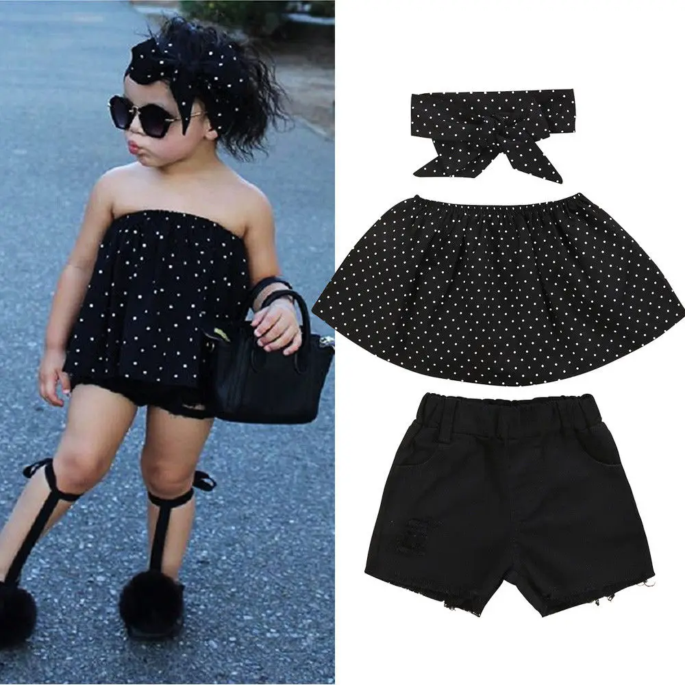 Комплект одежды в горошек для маленьких девочек 3 шт. топы с открытыми плечами