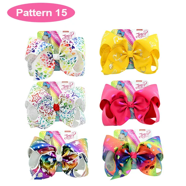 Pattern15 8 дюймовые большие Jojo заколки для волос для девочек, банты с металлическими и карточными блестками, Радужный Единорог, рог, бант-узел, 27 стилей, Jumbo Jo Ленточные банты - Цвет: Pattern15