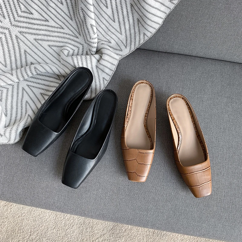 ?? ISNOM エンボス牛革スリッパ女性 2019 新しい女スライド靴女性の正方形のつま先猫かかとミュール靴ファッションパーティー靴