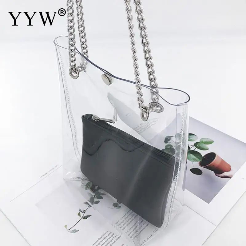 

Large Capacity Chain Shoulder Bags Women Soft Surface PVC Summer Casual Tote Bag Unlined Transparent Handbags Female Fashion