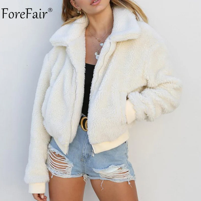 Forefair флисовая женская зимняя куртка из искусственного меха плюшевый мишка уличная куртка с отворотом размера плюс теплая Повседневная укороченная Меховая куртка-бомбер