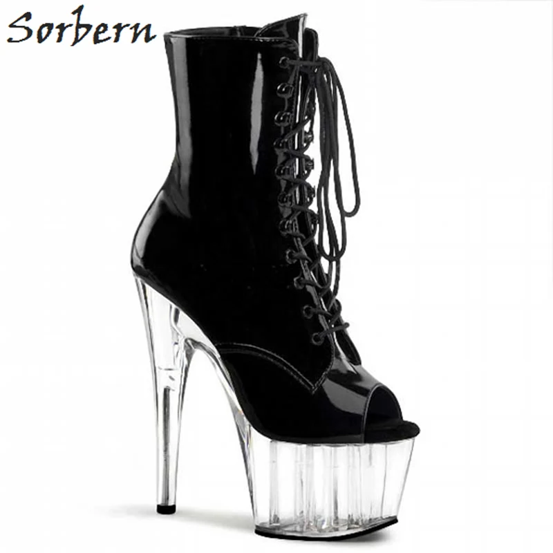 Sorbern Patent Leather Peep Toe Ankle Boots 15Cm Spike Clear Super High Heels Cross-Tied Custom Color China Size 35-46 | Обувь