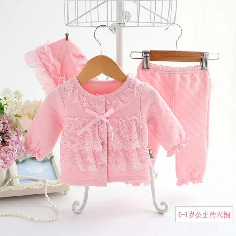 Air cotton pink Новинка года, одежда для маленьких девочек топ, штаны, шапочка, комплект из 3 предметов, для новорожденных принцесс, весна-осень-зима, теплый хлопковый комплект верхней одежды - Цвет: Air cotton pink