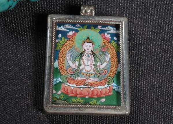 Непальская ручная работа серебро 925 пробы 4 подвеска с avalokiteshvara тибетская тангка
