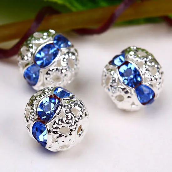 

free shipping silver metal beads 8mm blue crystal rhinestone silver spacer beads fitting ,(100pcs) wholesale