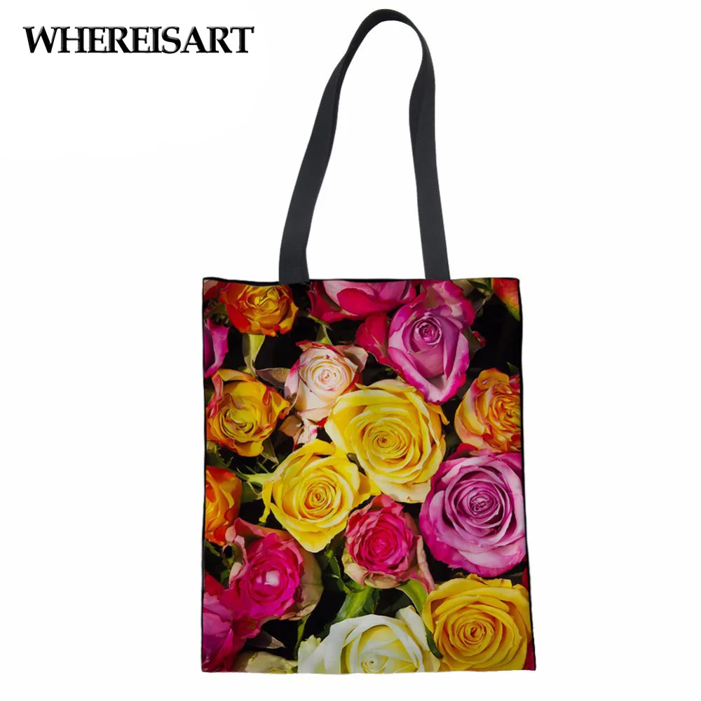 WHEREISART Брендовая женская хозяйственная сумка-тоут с принтом розы здоровая