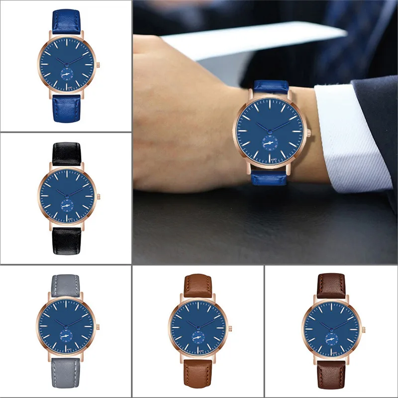 Мужские часы с кожаным ремешком розовое золото деловые для путешествий работы