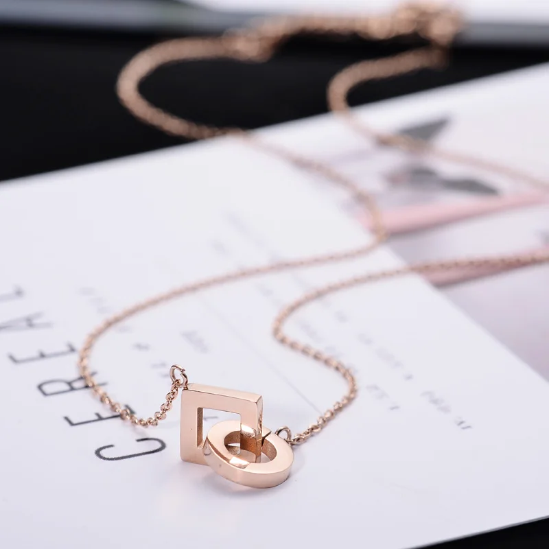 

YUN RUO Rose Gold Color Stylish Double Circle Pendant Necklace Choker Chain 316L Stainless Steel Woman Jewelry Never Fade 2017