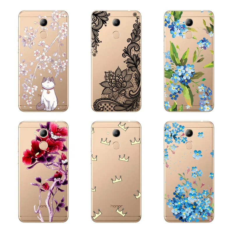 huawei honor 6c pro Case Silicon Black Painting flower Soft TPU Back Cover for Protect Phone cases shell |