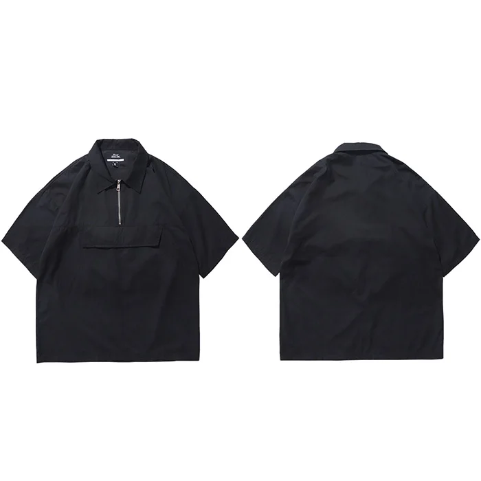A98855 Black Хип-хоп рубашки уличная Мужская Harajuku рубашка половина молнии Лето повседневные топы рубашка короткий рукав передний карман однотонный цвет - Цвет: A98855 Black