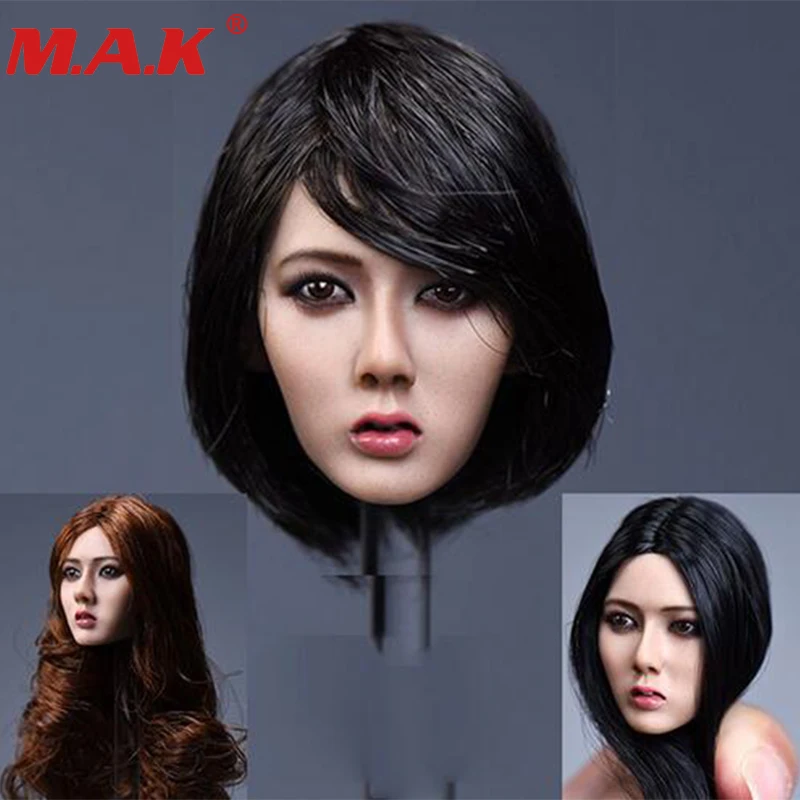 

1/6 scale Asia female short black hair head sculpt long hair Xiu girl head model f 12" HT lady suntan color action figure doll