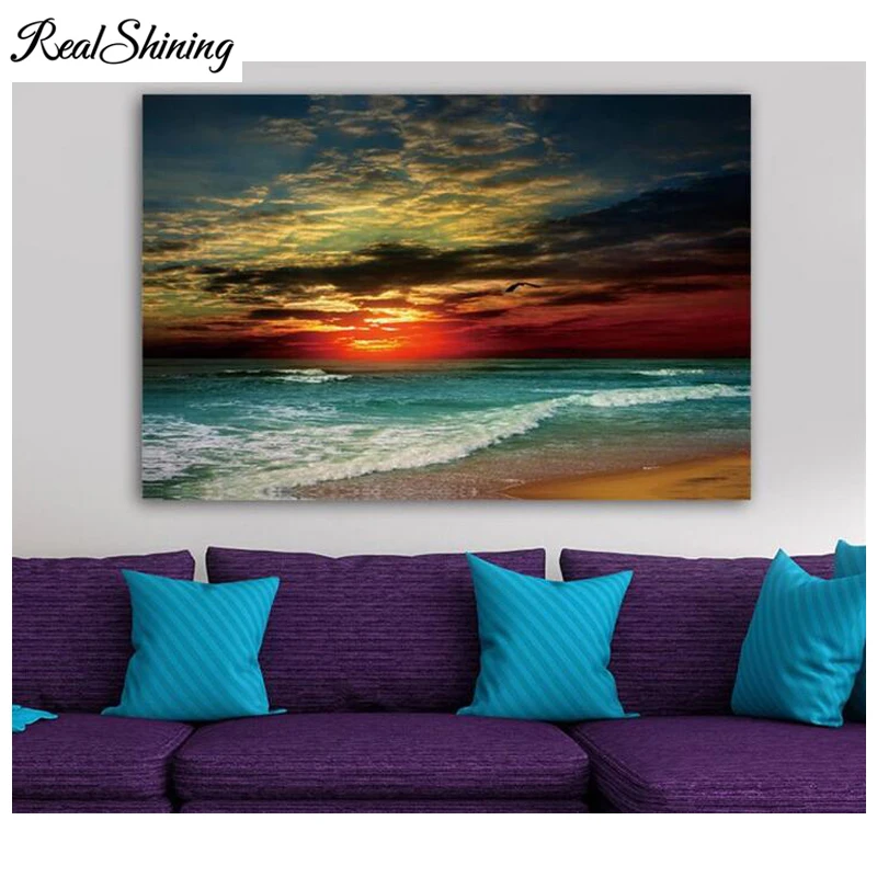 5d diy diamond painting cross stitch full square round sunset blue sea waves seascape embroidery Household decor FS4980 | Дом и сад