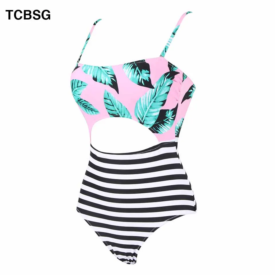 TCBSG One Piece Swimsuit 2019 Sexy Women Bodysuit Striped Bathing Swim Vintage Summer Beach Wear Print Bandage Monokini | Спорт и
