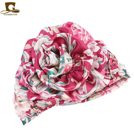 hot pink and beige Роскошный шелковистый тюрбан с цветком женский атласный рак шапочка при химиотерапии шапки мусульманские турбанты вечерние хиджаб головные уборы аксессуары для волос - Цвет: hot pink and beige