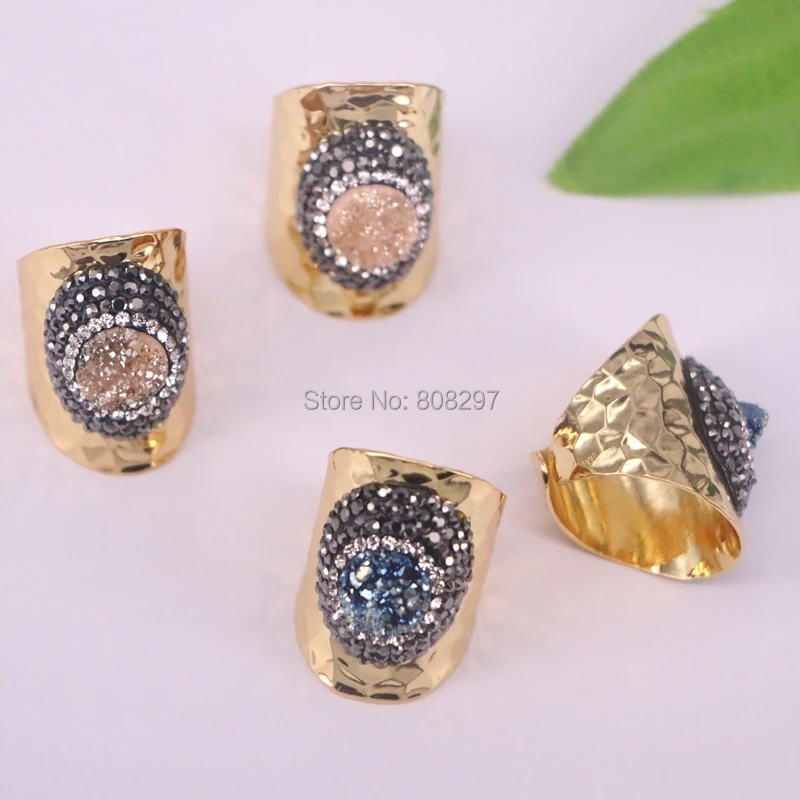 5 шт Pave Rhinestone Друза титана натуральный кристалл золото цвет кольца для женщин