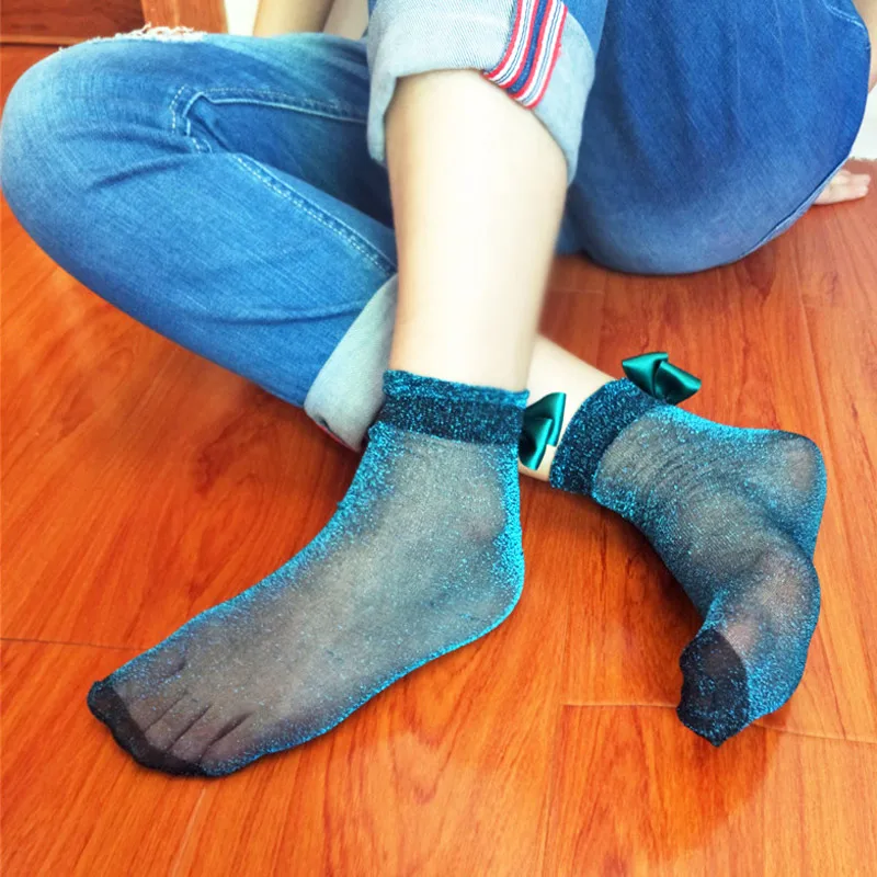 Носки женские весенние яркие шелковые тонкие глянцевые с бантом|Носки| |