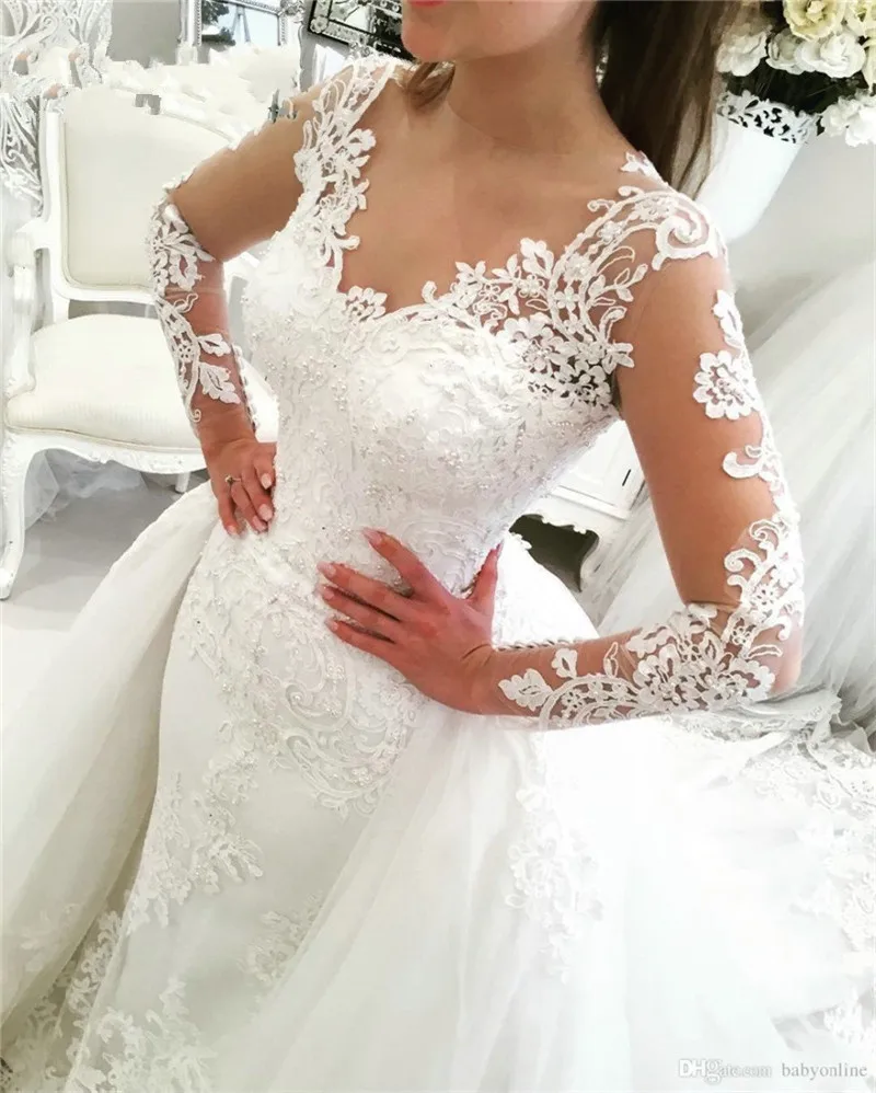 Wedding Dresses 2018 Mermaid with Train Illusion V Neck Long Sleeves Appliques Lace Saudi Arabic Gown Bridal | Свадьбы и торжества