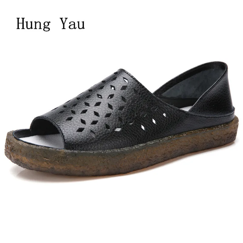 Женские босоножки из натуральной кожи с открытым носком на танкетке без шнуровки