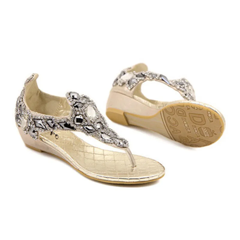 Мода новые 2017 Лето Женщины Сандалии Кристалл Горного Хрусталя Slip-on Клин Обувь