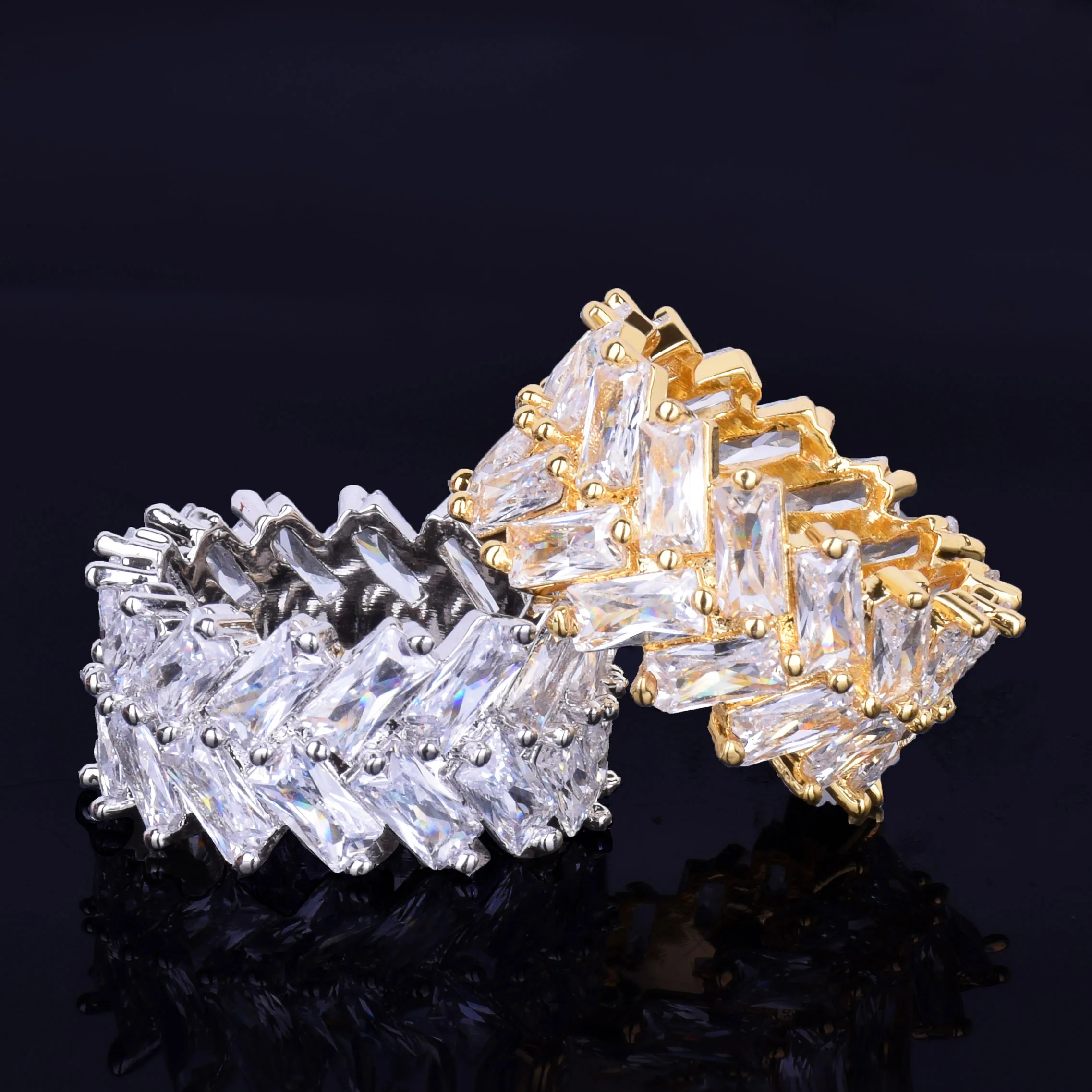 2 Row Baguette Zircon Men's Ring 18 K Copper Charm Gold Silver Color Iced RING Fashion Hip Hop Rock Jewelry