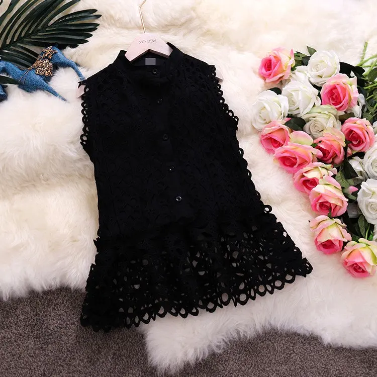 HISUMA summer new women o-neck sleeveless ruffles lace blouses shirt female elegant single breasted sweet slim shirts tops | Женская