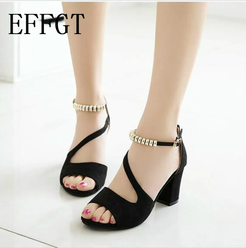 EFFGT sexy Women fish mouth hollow Roman sandals thick with a word beaded high heels female summer C263 | Обувь