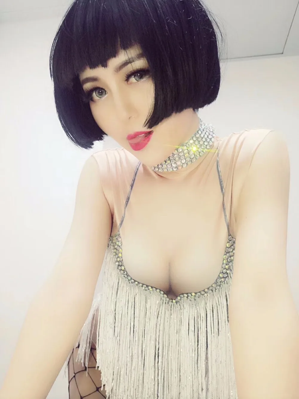 Sexy Cut Sparkly Crystals Tassel Leotard Costume Celebrate Rhinestones Outfit Birthday Silver Diamonds Bodysuit Performance Wear