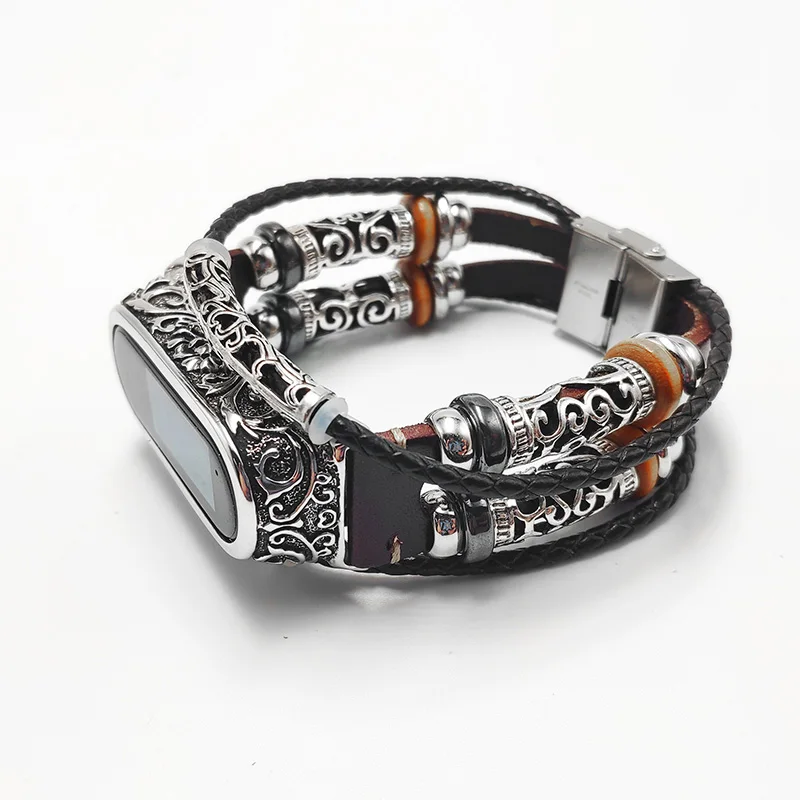TypeB CO-silver case AKGLEADER для Xiaomi mi Band 4 3 nfc Ретро ремешок для часов из натуральной кожи с ювелирным ремешком металлический гравировальный чехол для mi Band 3 4 - Цвет ремешка: TypeB CO-silver case