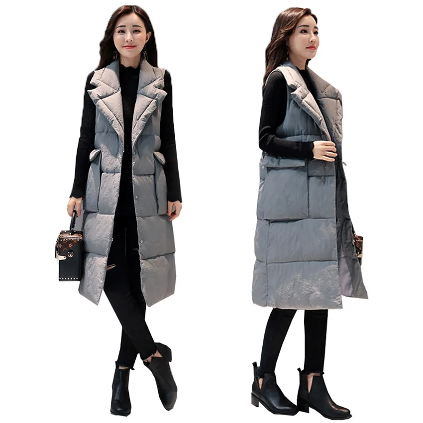 

New Fashion Turn-down Collar Women Coat Warm Thick Long Waistcoat Washing Cotton Jacket Vest Coat Female Sleeveless Parkas Mw071