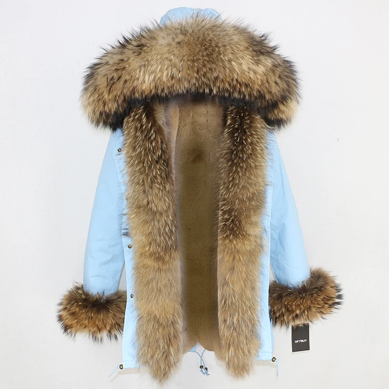 light blue natural F OFTBUY, зимняя женская куртка, пальто из натурального меха, длинная парка, воротник из натурального меха енота, Толстая теплая уличная верхняя одежда, Повседневная Новинка - Цвет: light blue natural F