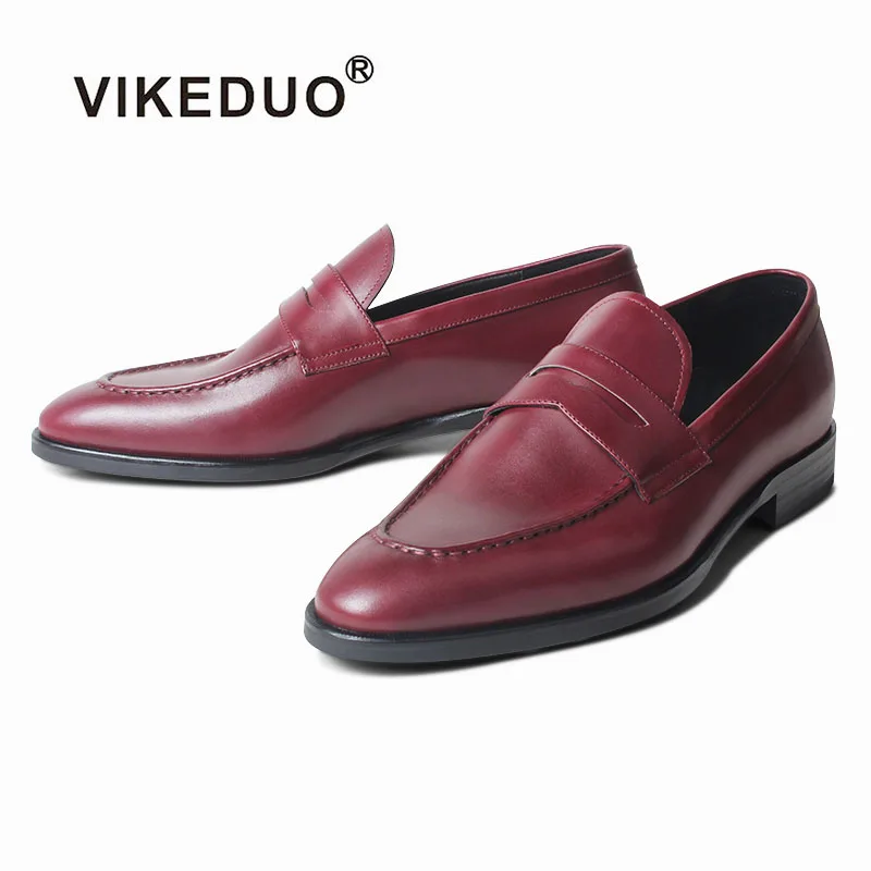 

VIKEDUO Casual Summer Loafer Shoes Men's Genuine Leather Wedding Shoes Plain Burgundy Driving Footwear Handmade Zapato de Hombre