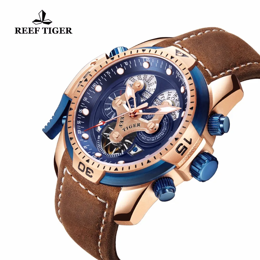 Мужские спортивные наручные часы Reef Tiger Водонепроницаемые кожаные