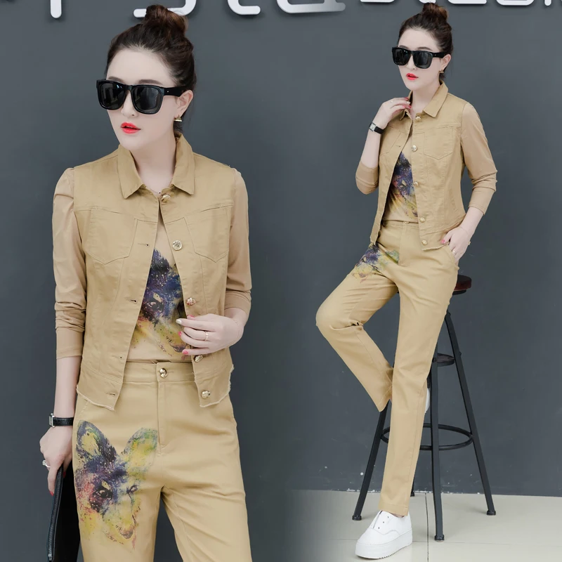 

New 2018 autumn latest design women Print Ms. Leisure cotton Korean fashion long-sleeved jacket sweatshirt pants 3 pcs suit