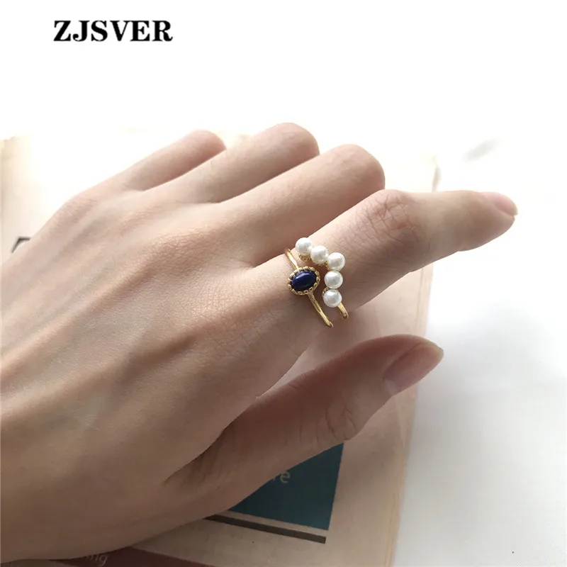 ZJSVER Korean Jewelry 925 Sterling Silver Rings Golden Retro Double Layer Pearl Crystal Women Ring Attend Banquet Or Party | Украшения и
