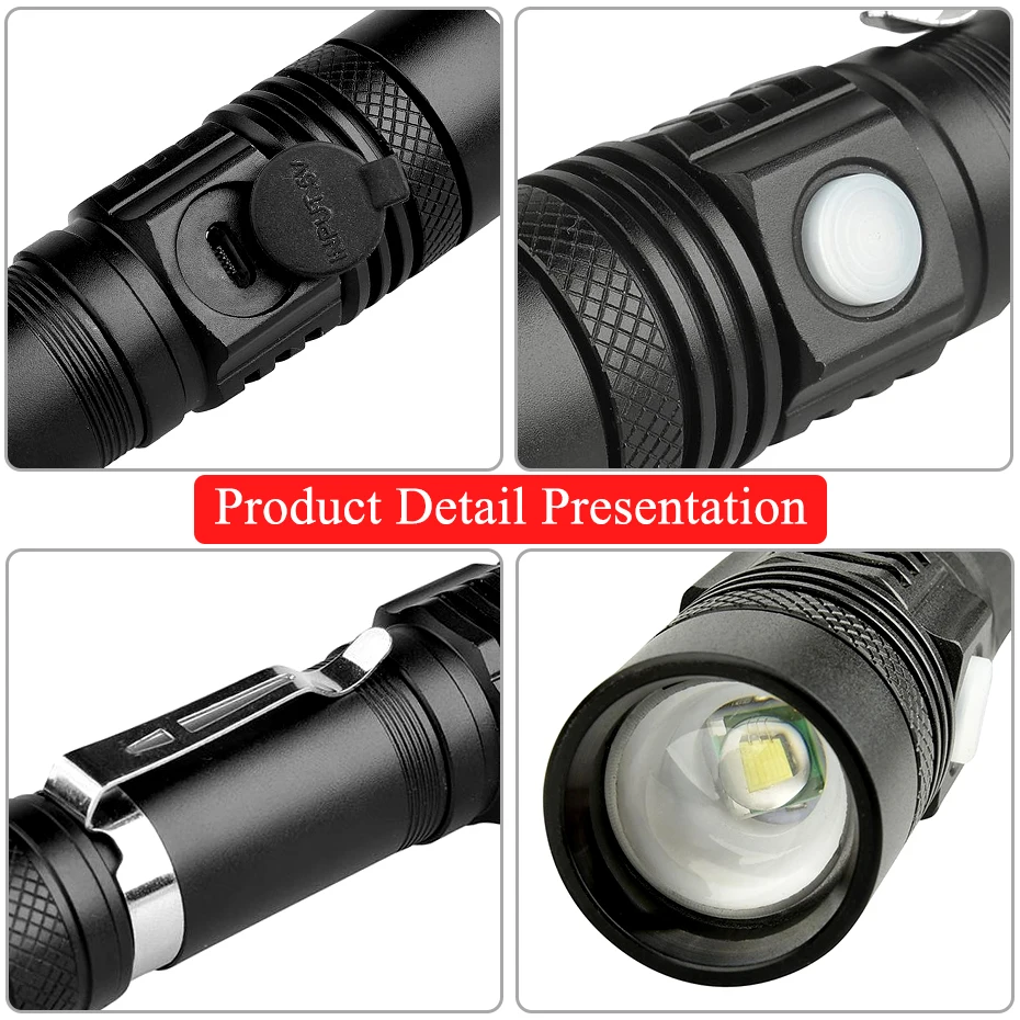 Портативный светодиодный фонарик USB Перезаряжаемый фонарь с зумом Ультра яркий 3