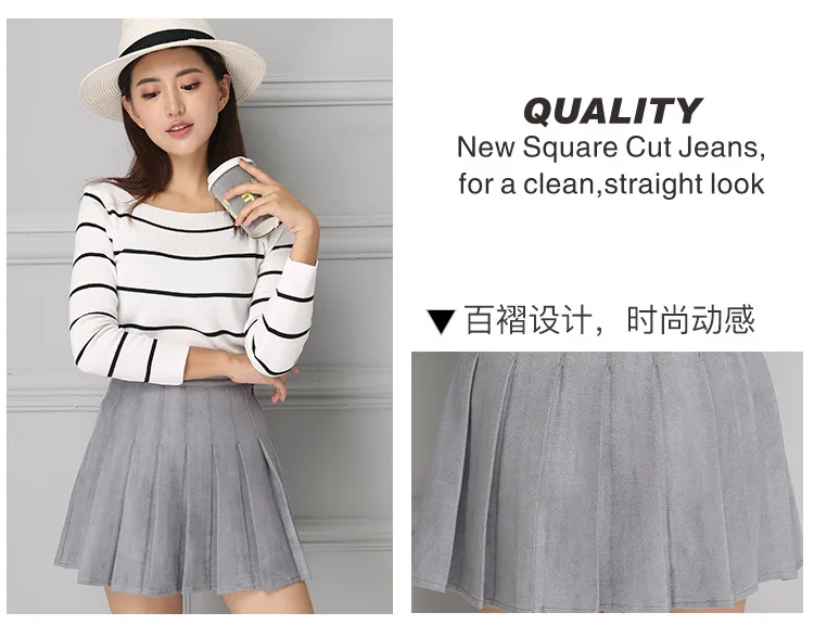 Autumn Winter Female Suede Faux High Waist Midi School Skirts Japanese Mini Pleated Leather Skirt Girls