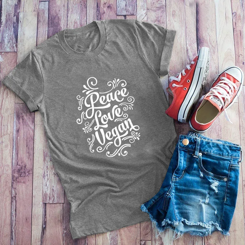 

Peace Love Vegan Letter Short Sleeve Tunic Print Round Neck fashion slogan graphic pinke Tee Shirt women unisex aesthetic tops