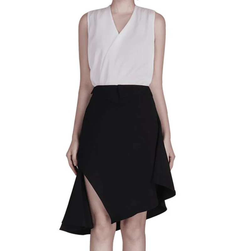 INDRESSME 2019 New Women Two Piece Sets Fashion V Neck Sleeveless White Top Sexy Office With Midi Black Skirt Casual |