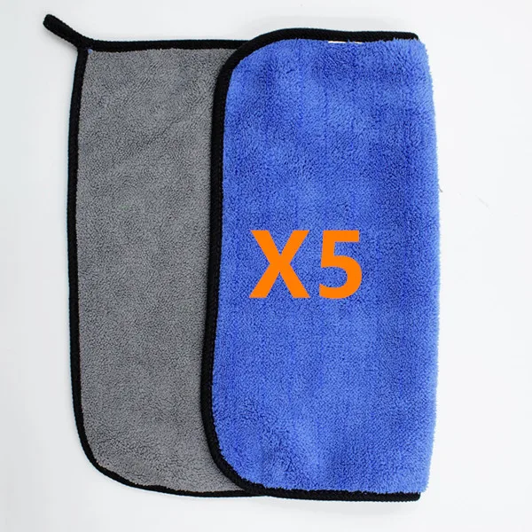 Blue x5 5 шт. 600gsm полотенца из микрофибры для мытья автомобиля, супер толстая плюшевая ткань для мытья, очищающая сушка, впитывающая воск, полировка - Цвет: Blue x5