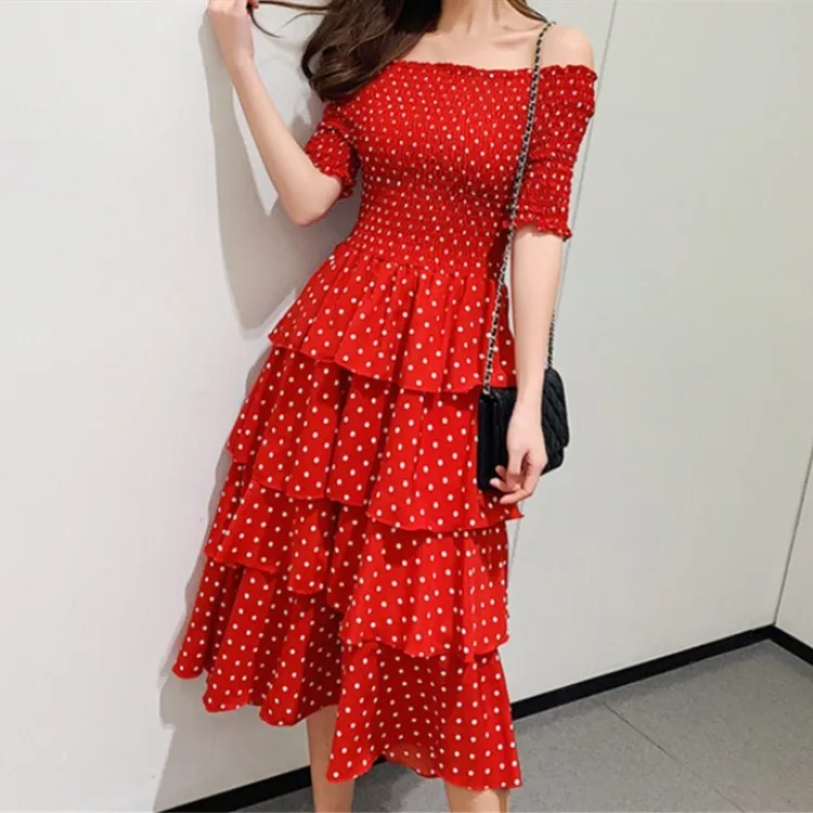 Summer Sweet Stretchy Chest Ruffled Dress Slash Neck Women Polka Dot Elegant Party Vestidos Ladies High Waist Cake Dresses | Женская