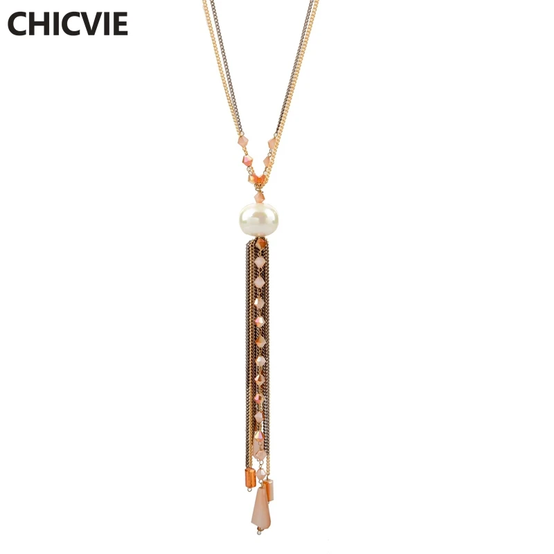 

CHICVIE Long Design Office/career Stone Necklaces Gold Color Imitation Pearl Pendant Necklaces for women Beads Jewelry SNE160246