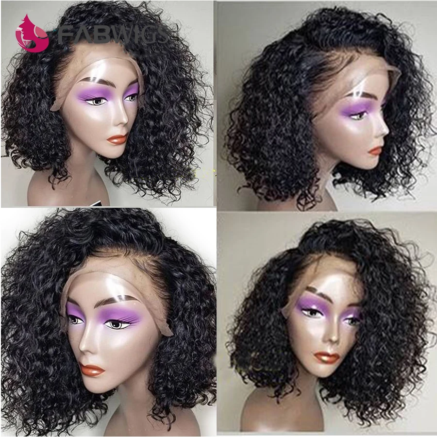 Fabwigs 180% Плотность вьющиеся кружевные передние человеческие волосы парики предварительно выщипанные бразильские Remy Боб кружевные передние парики короткие человеческие волосы парик