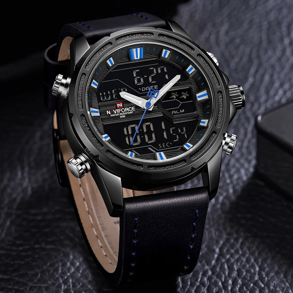 NAVIFORCE 9138 мужские спортивные часы из натуральной кожи светодиодный кварцевые