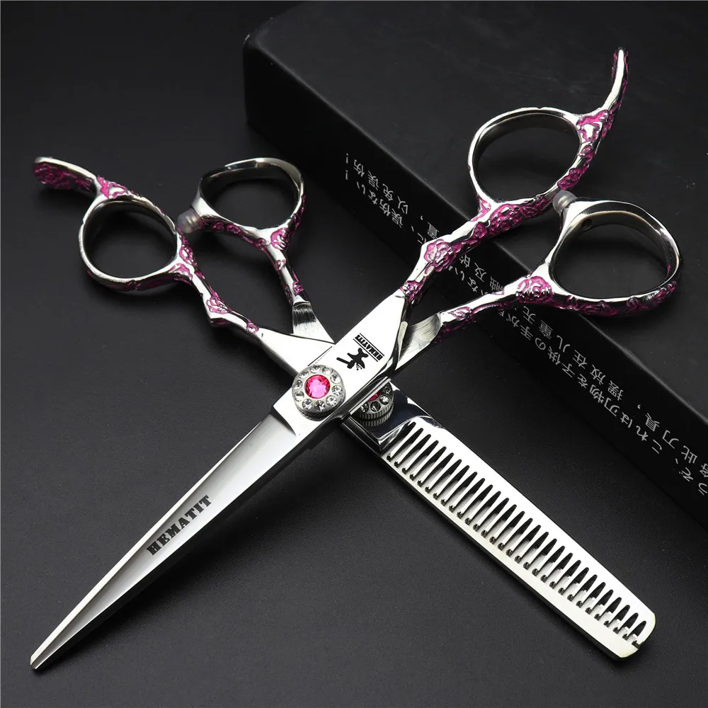 6 inch pink rose carving Japan 440C hairdressing scissors professional hairdresser cutting thinning | Красота и здоровье