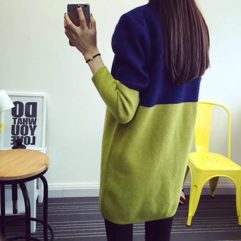 2021 Spring Autumn Cardigan Fashion Hit Color Slim Long Women's Brand cashmere material loose sweater female outerwear coat |