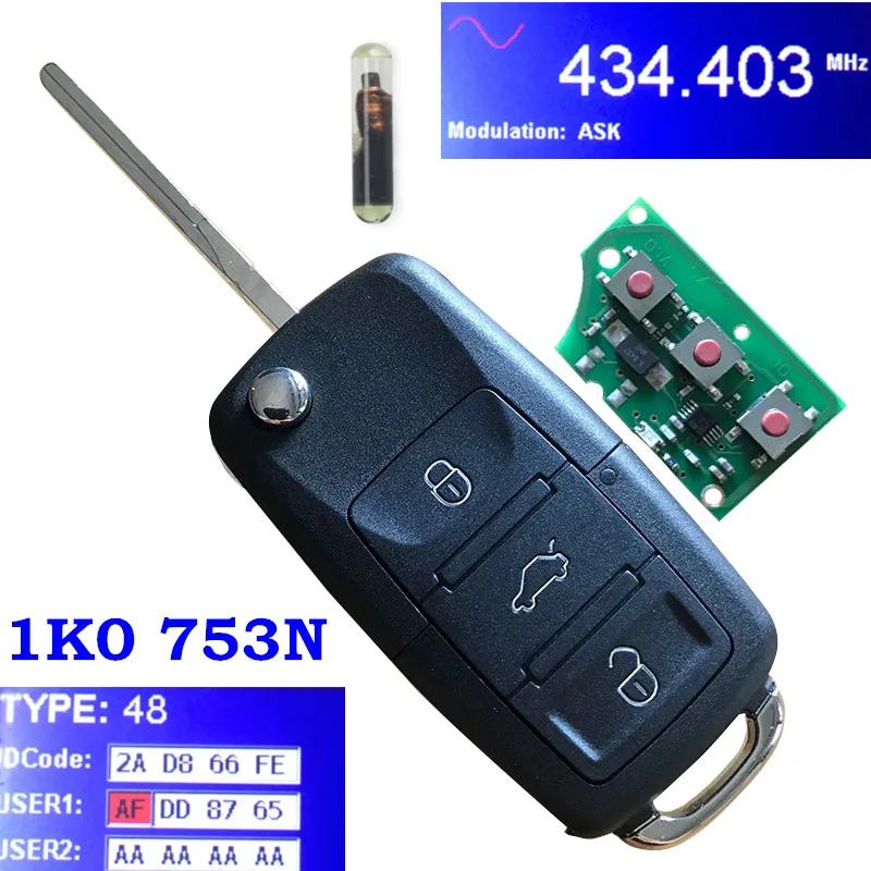 Новинка 3 кнопки дистанционный ключ брелок от машины ID48 для Volkswagen 433 МГц Seat Sender