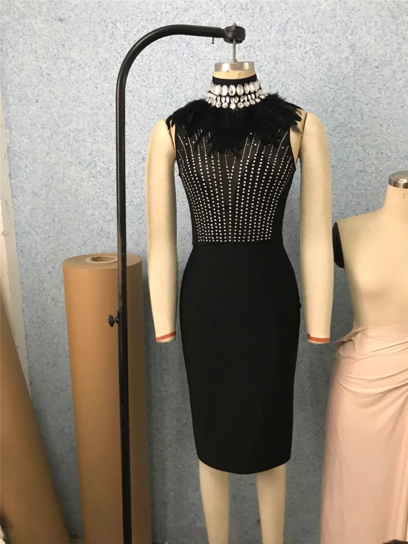 

Adogirl Feather Crystal Diamonds Sheer Mesh Patchwork Party Dress Women Fashion Sexy Sleeveless Bodycon Midi Night Club Dress