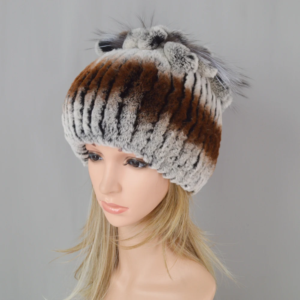 Женские вязаные из натуральной шапка меха кролика рекс Популярные зимние