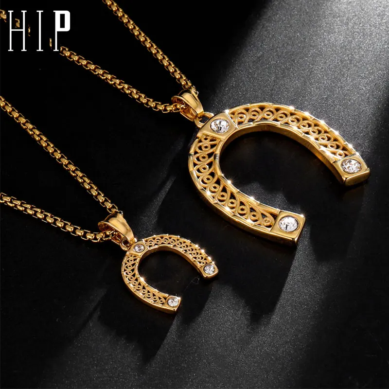 Хип хоп Bling Iced Out в форме подковы ожерелья и подвески из нержавеющей стали