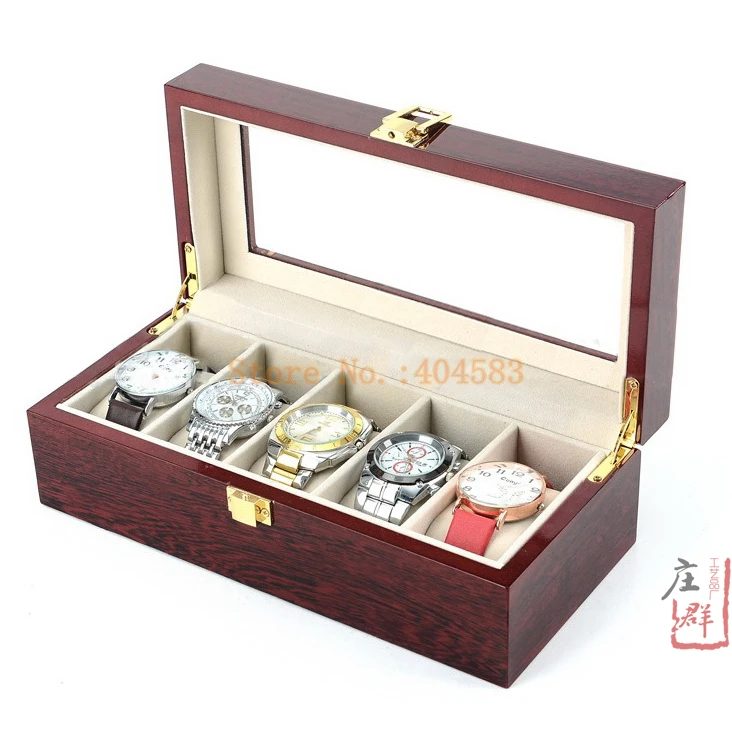 

Free shipping 5 slot glass top wooden mahogany packaging watch box with cushions
